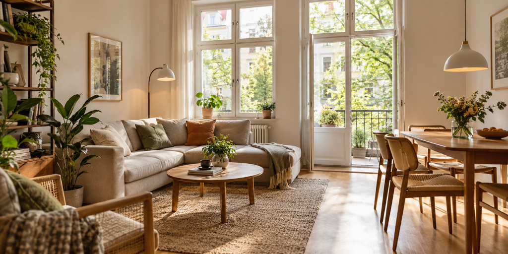 Helles möbliertes Apartment mit Wohnzimmer und Essbereich in Berlin