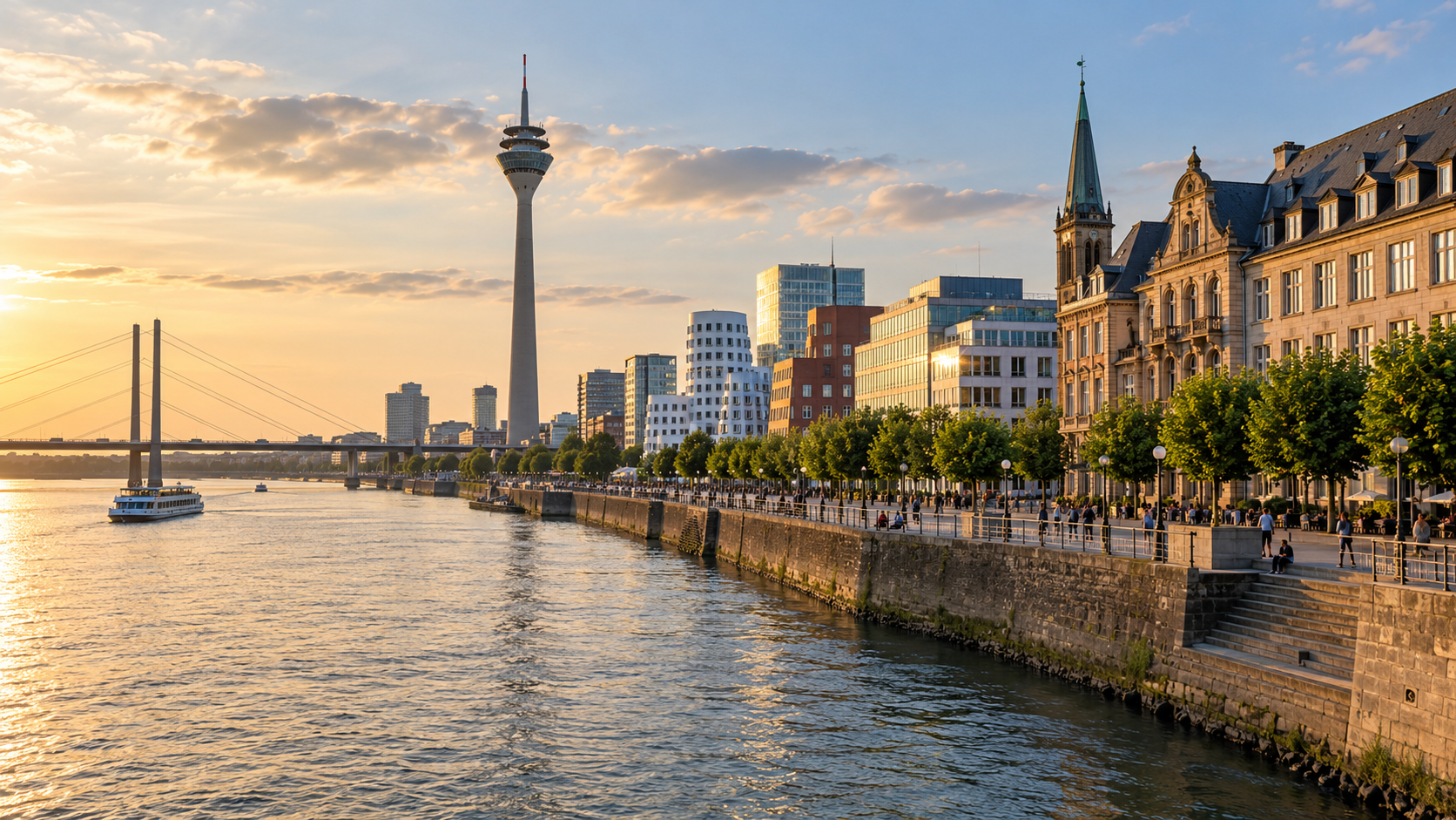 Rheinufer und Skyline von Düsseldorf – Symbolbild zum Immobilienmarkt
